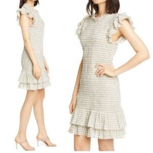 Veronica Beard Women CiCi Smocked Seersucker Ruffle Mini Dress Size 10